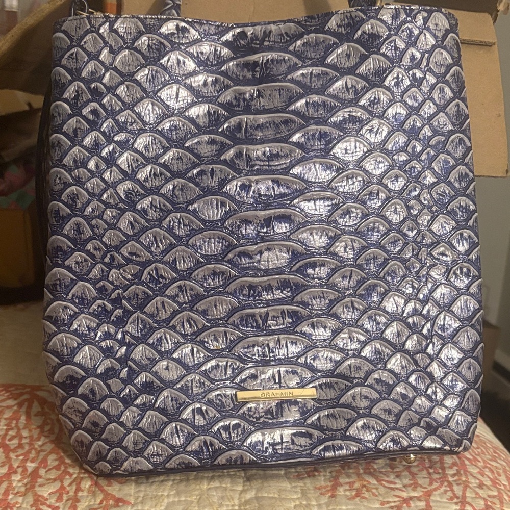 Brahmin Blue and Silver Textured Shoulder Bag